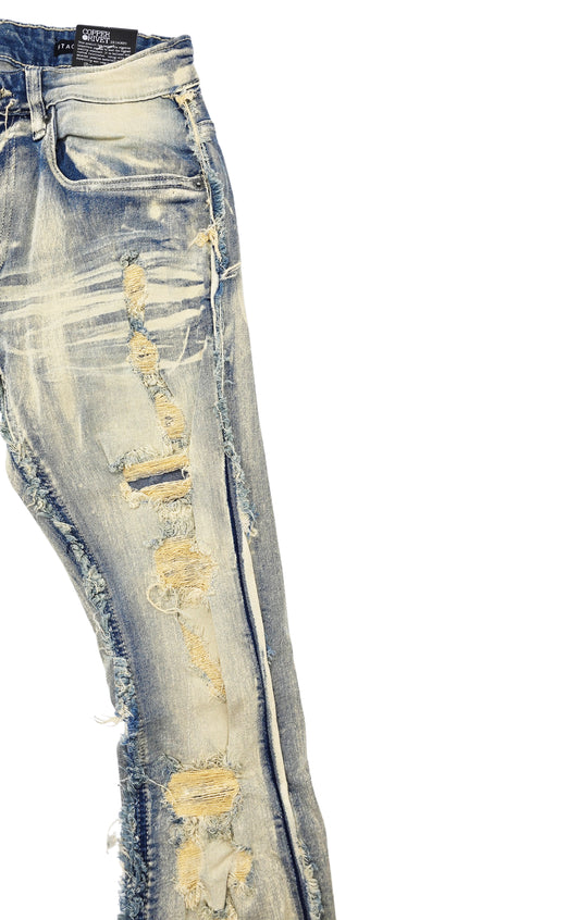COPPER RIVET MEN'S DENIM SLIM FIT STACKED FLARED RIPPED JEANS (VINTAGE BLUE)