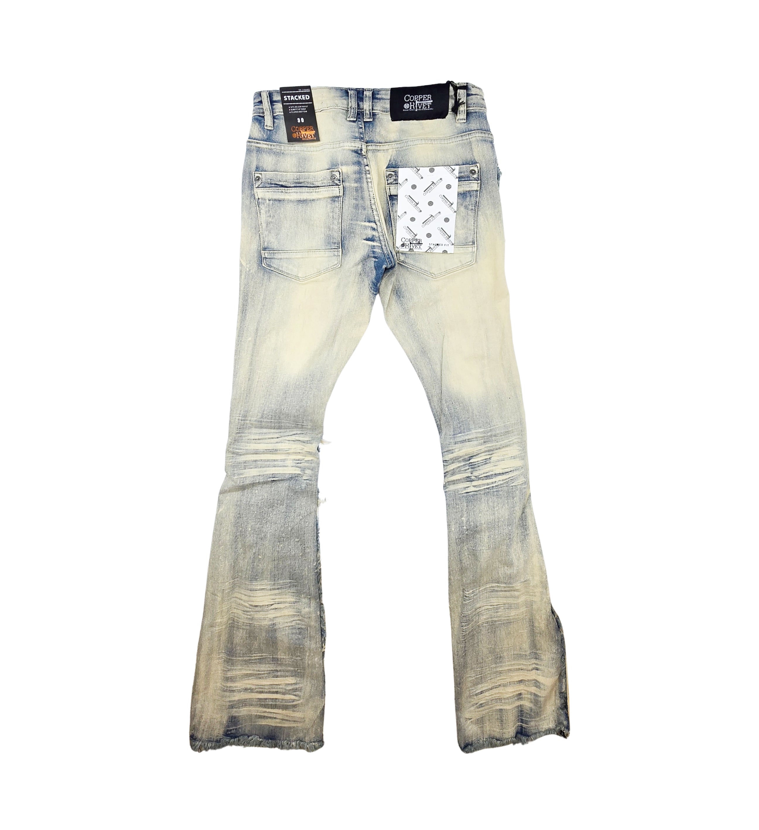 COPPER RIVET MEN'S DENIM SLIM FIT STACKED FLARED RIPPED JEANS (VINTAGE BLUE)