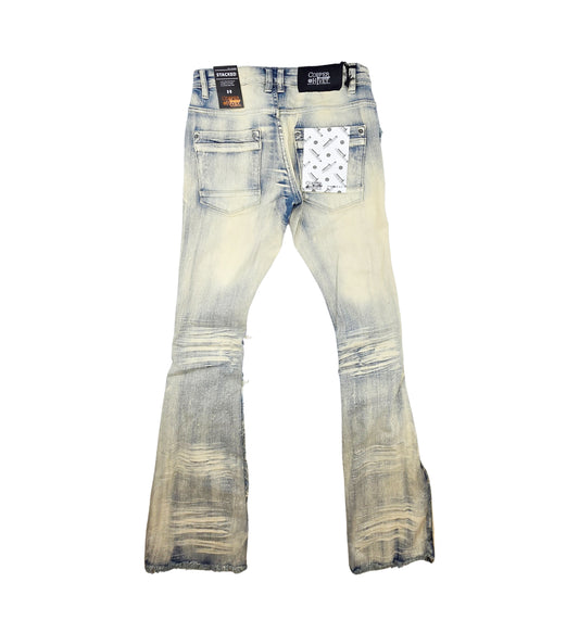 COPPER RIVET MEN'S DENIM SLIM FIT STACKED FLARED RIPPED JEANS (VINTAGE BLUE)