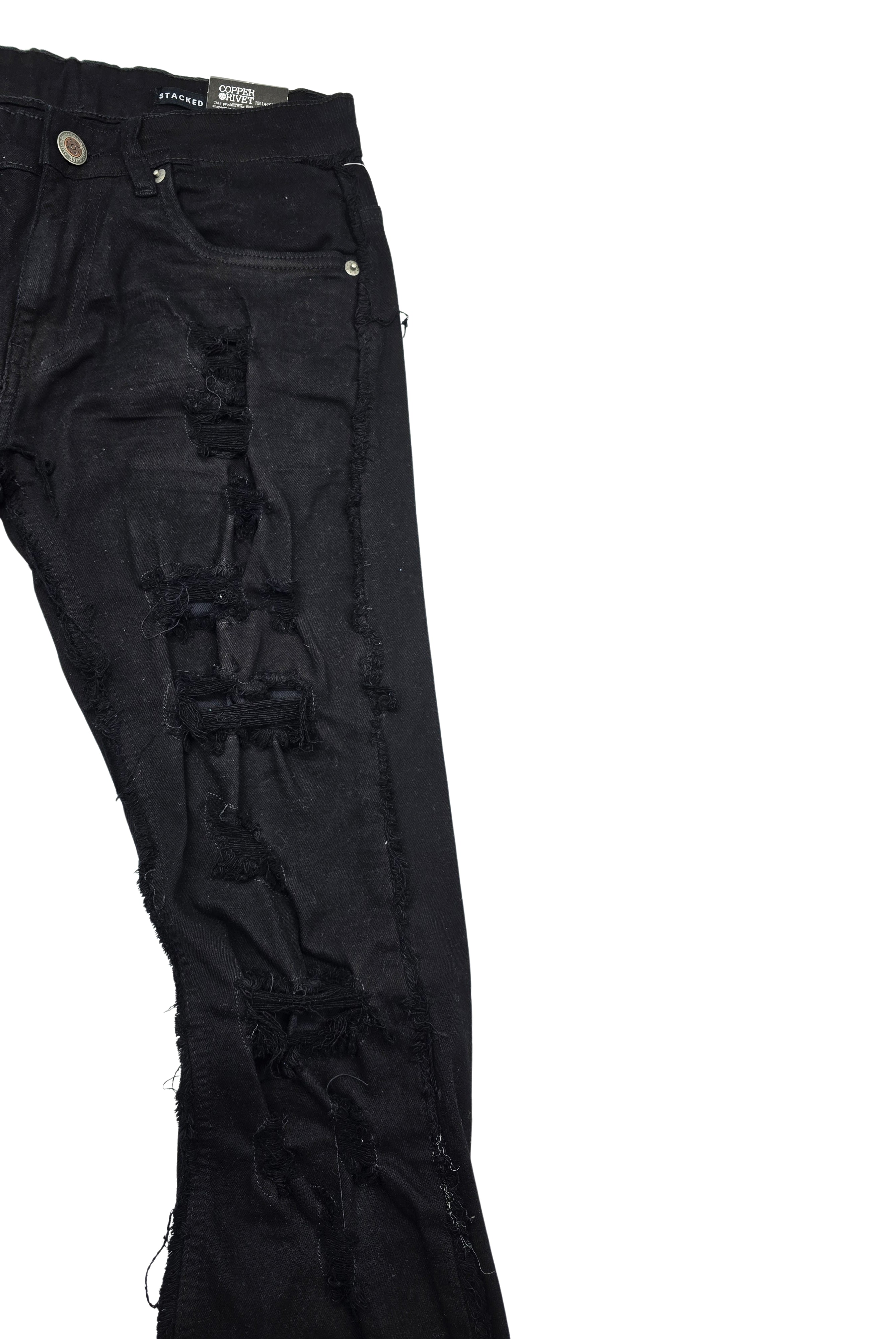 COPPER RIVET MEN'S DENIM SLIM FIT STACKED FLARED RIPPED JEANS (JET BLACK)