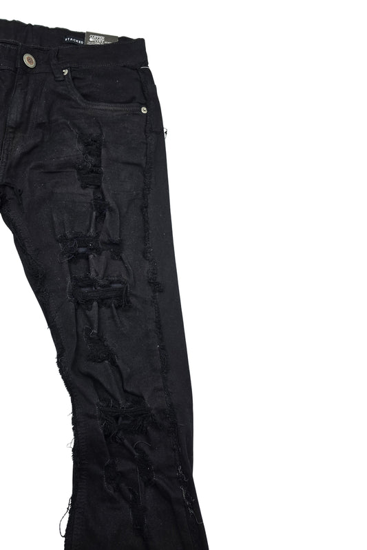 COPPER RIVET MEN'S DENIM SLIM FIT STACKED FLARED RIPPED JEANS (JET BLACK)