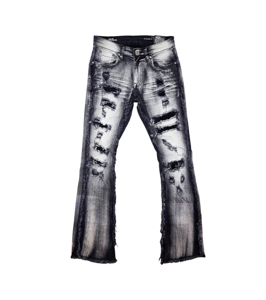 COPPER RIVET MEN'S DENIM SLIM FIT STACKED FLARED RIPPED JEANS (GREY)