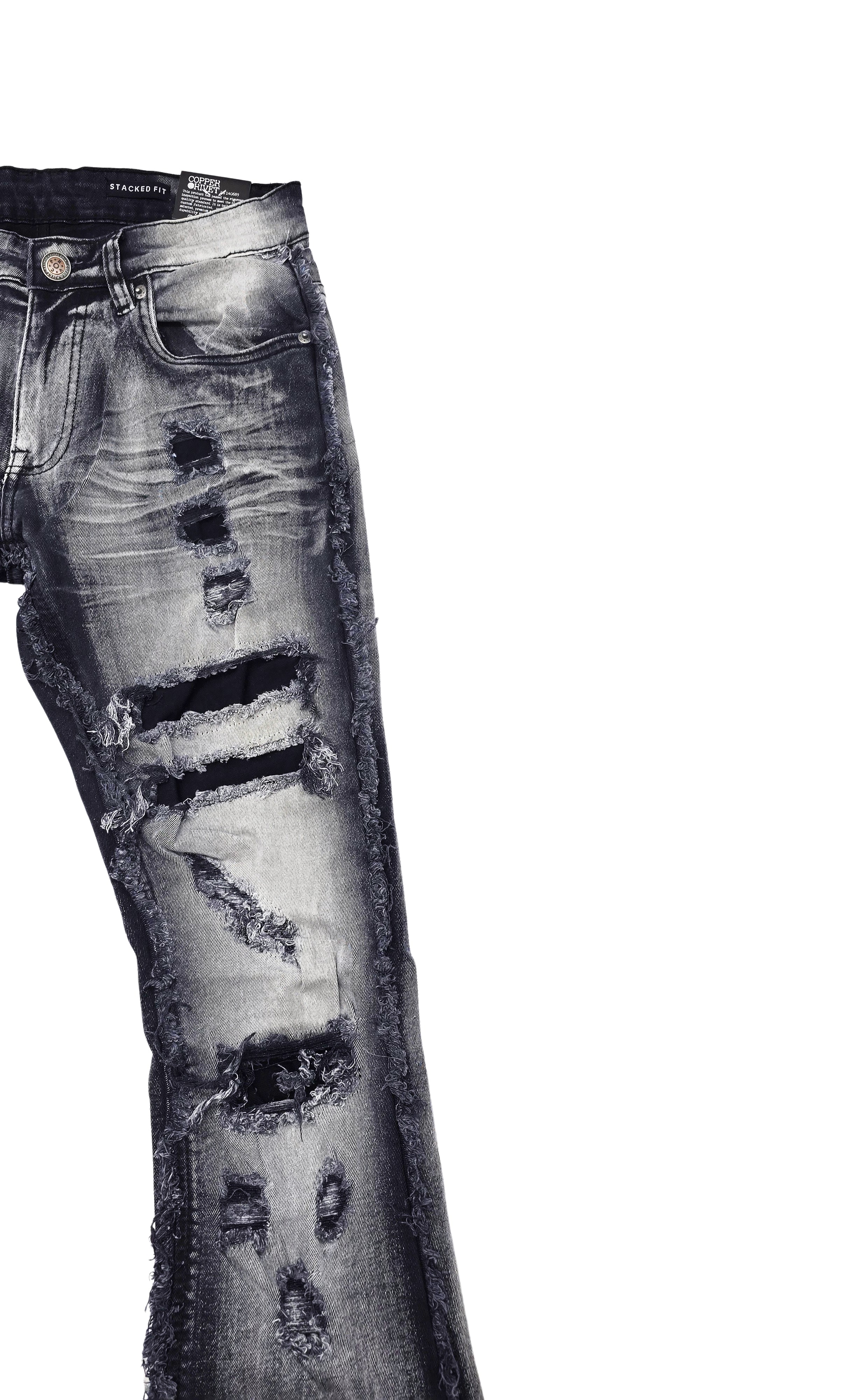 COPPER RIVET MEN'S DENIM SLIM FIT STACKED FLARED RIPPED JEANS (GREY)