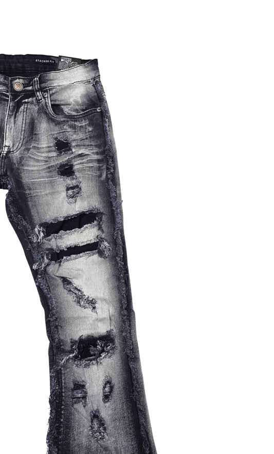COPPER RIVET MEN'S DENIM SLIM FIT STACKED FLARED RIPPED JEANS (GREY)