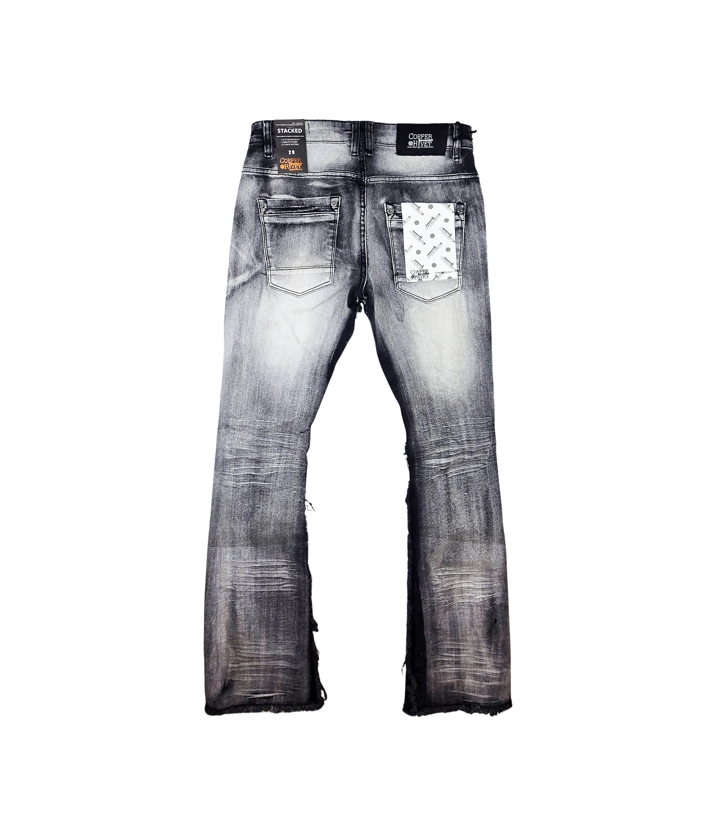 COPPER RIVET MEN'S DENIM SLIM FIT STACKED FLARED RIPPED JEANS (GREY)