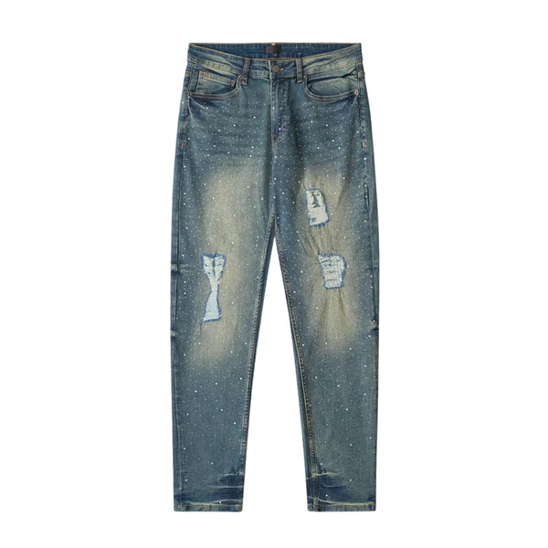 GRINDER RHINESTONE LIGHT INDIGO BLUE DENIM JEANS