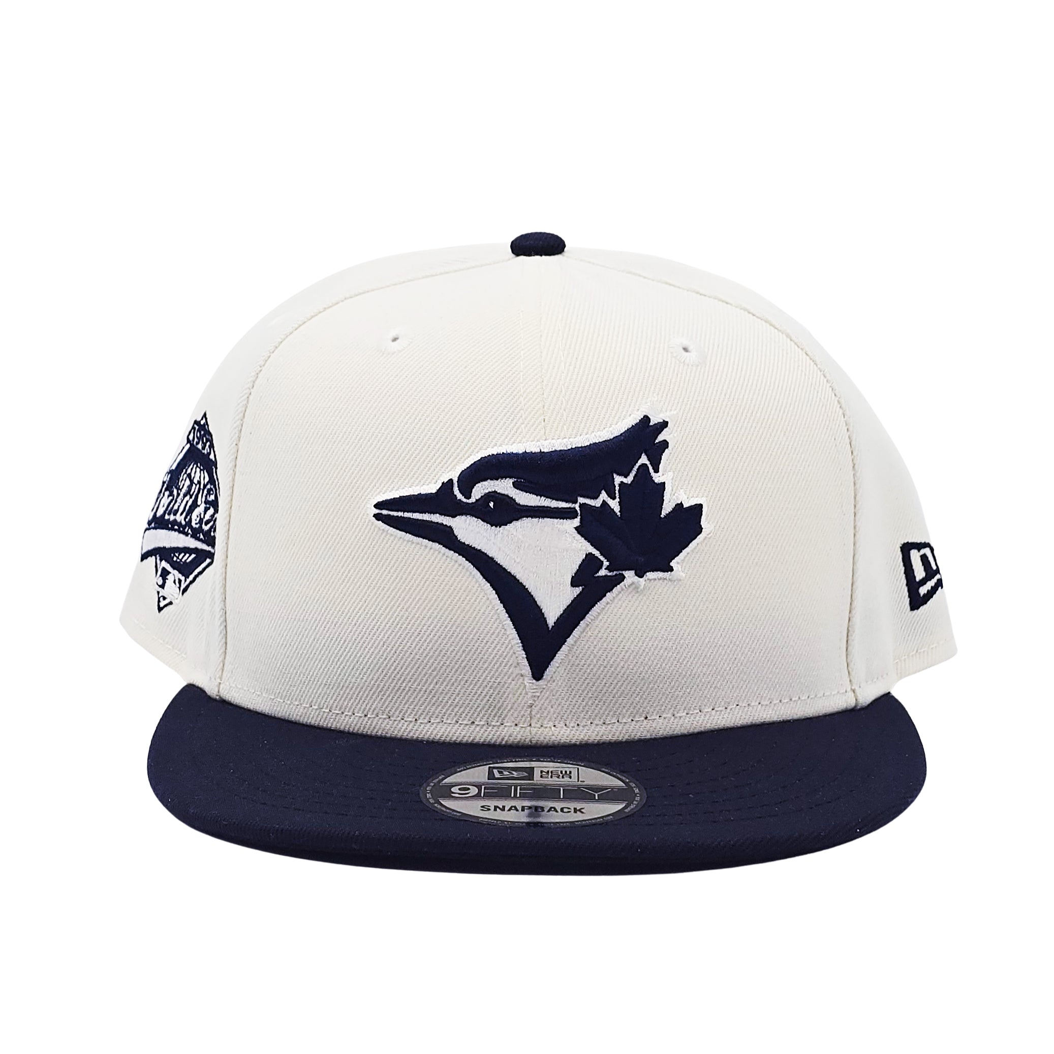 NEW ERA 9FIFTY MLB 1993 WORLD SERIES TORONTO BLUE JAYS OFF WHITE & CHROME NAVY SNAPBACK HAT