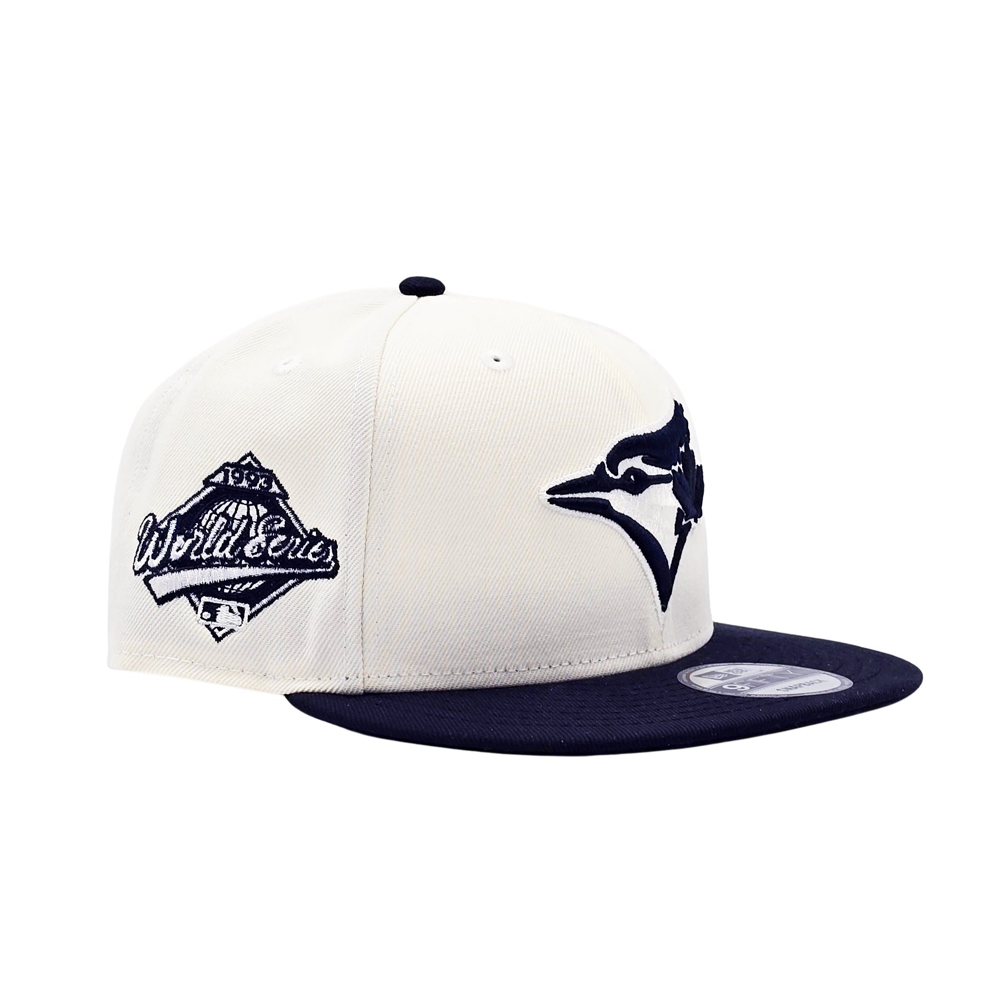 NEW ERA 9FIFTY MLB 1993 WORLD SERIES TORONTO BLUE JAYS OFF WHITE & CHROME NAVY SNAPBACK HAT
