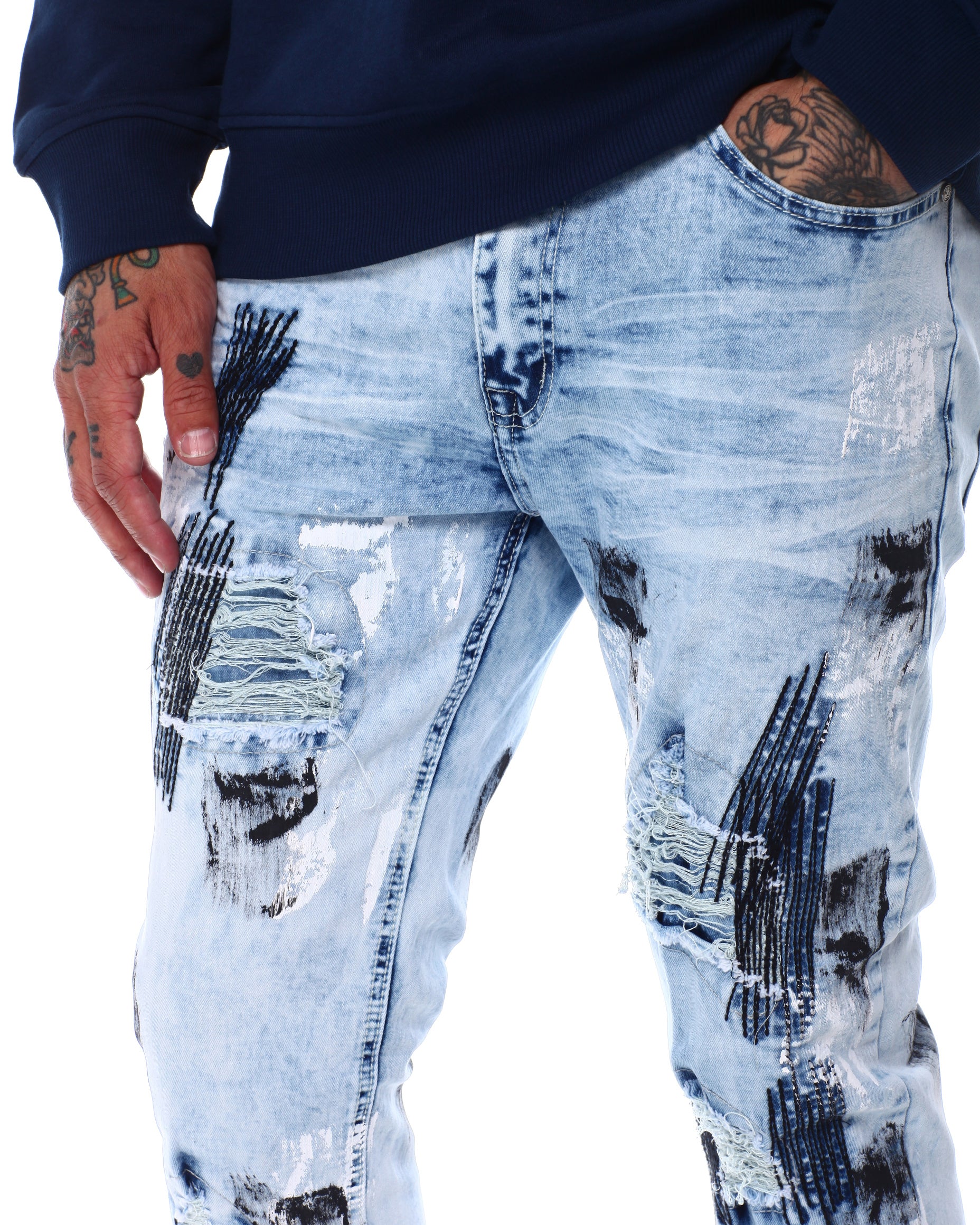 SWITCH MEN'S RIPPED EMBROIDED DENIM JEANS WITH PAINT (ICE BLUE)