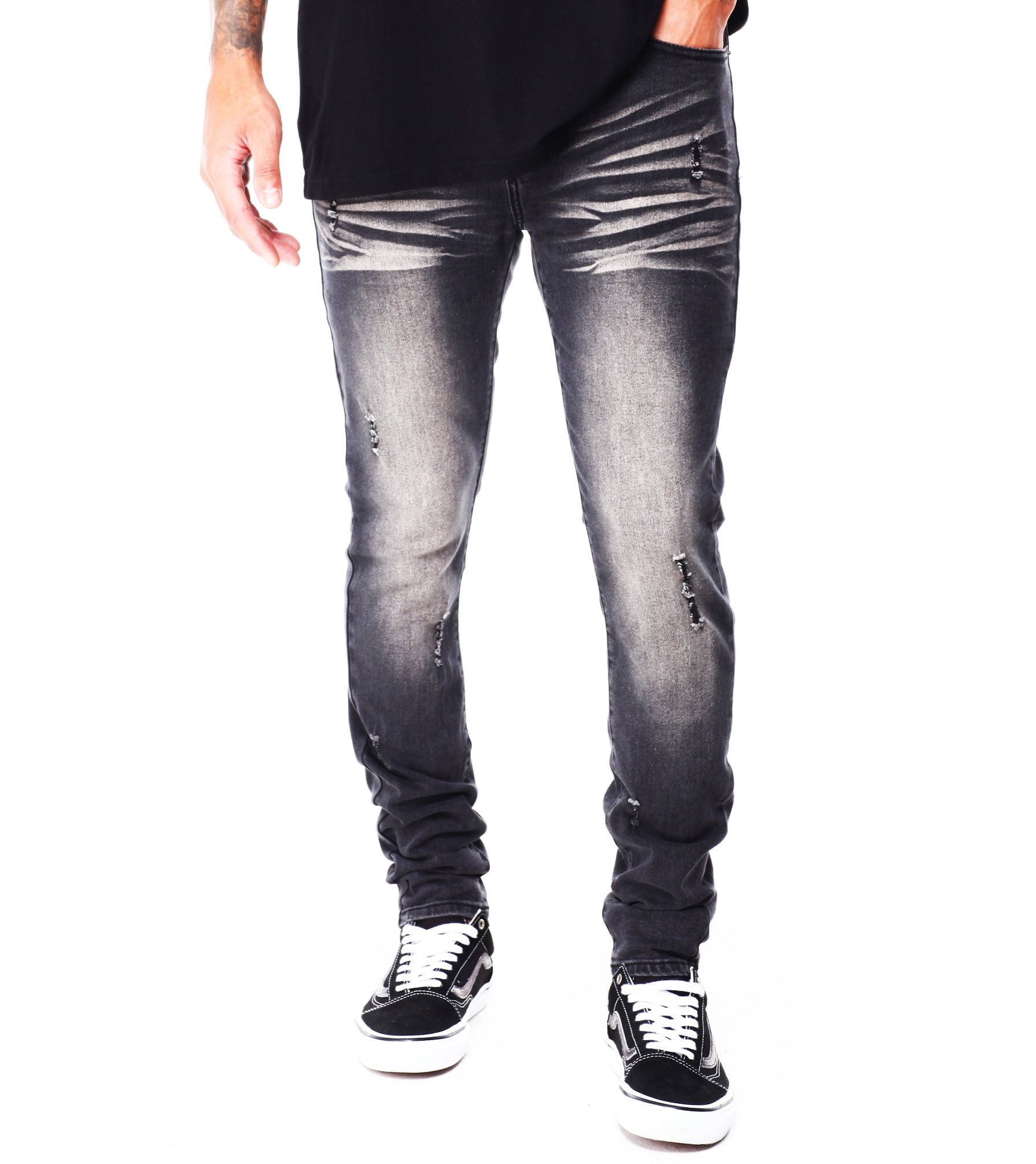 Mens black sale ripped tapered jeans