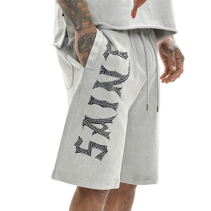 SWITCH MEN'S SAINT RHINESTONE GRAPHIC DESIGN DROP SHOULDER T-SHIRT & SHORTS SET (GREY)