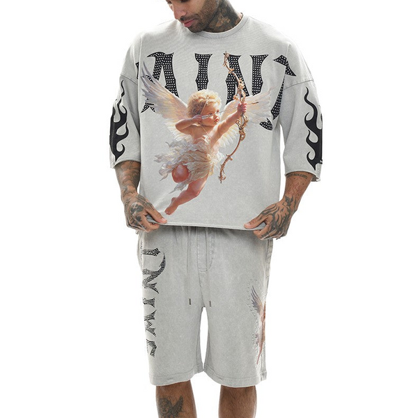 SWITCH MEN'S SAINT RHINESTONE GRAPHIC DESIGN DROP SHOULDER T-SHIRT & SHORTS SET (GREY)