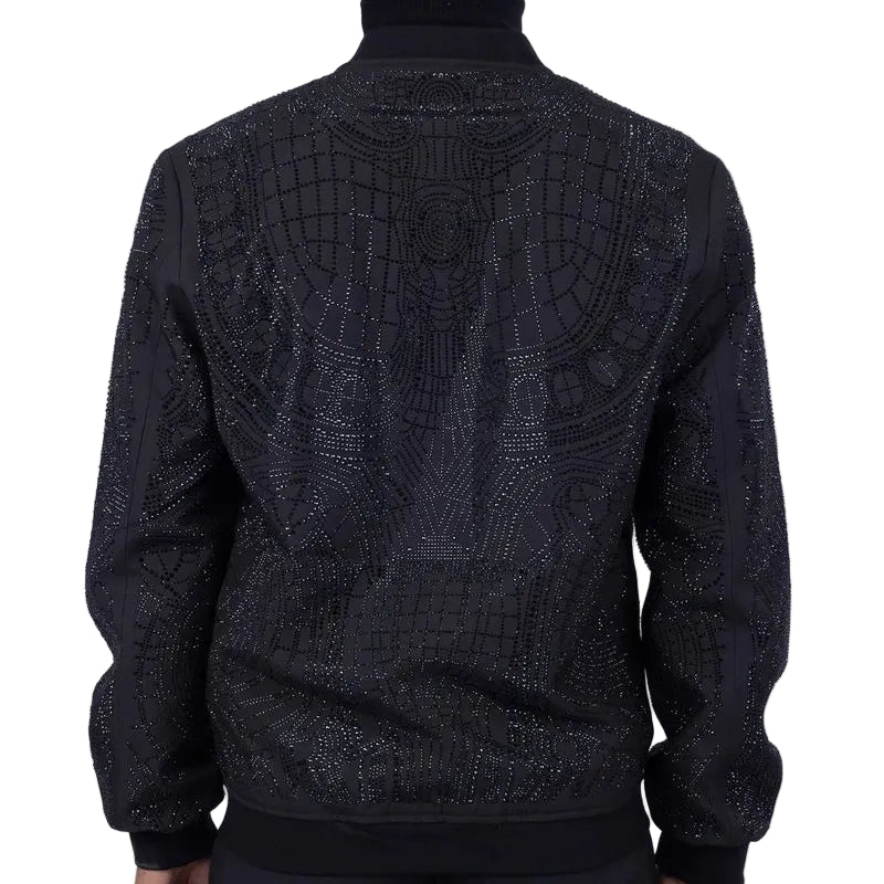 BARABAS MEN'S GEOMETRIC RHINESTONE JAGGY BOY BOMBER BLACK JACKET