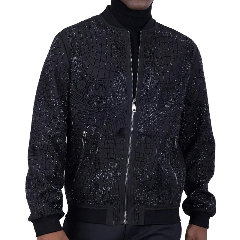 BARABAS MEN'S GEOMETRIC RHINESTONE JAGGY BOY BOMBER BLACK JACKET