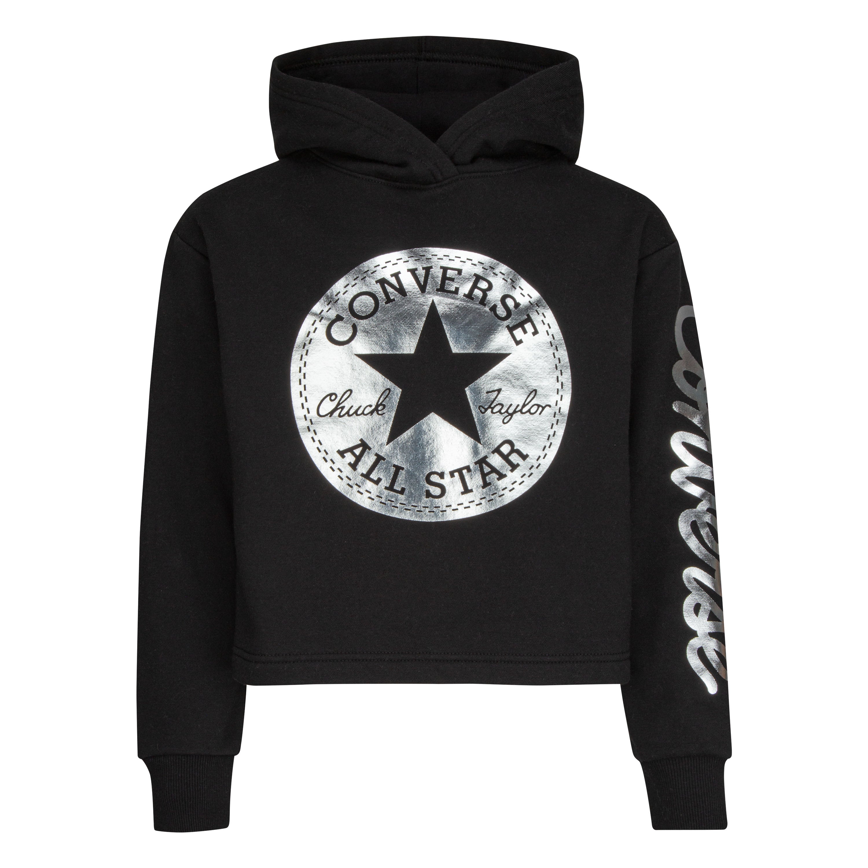 CONVERSE GIRLS' CROPPED FOIL BLACK PULLOVER HOODIE (SIZES 4-6X)