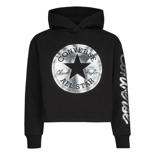 CONVERSE GIRLS' CROPPED FOIL BLACK PULLOVER HOODIE (SIZES 4-6X)
