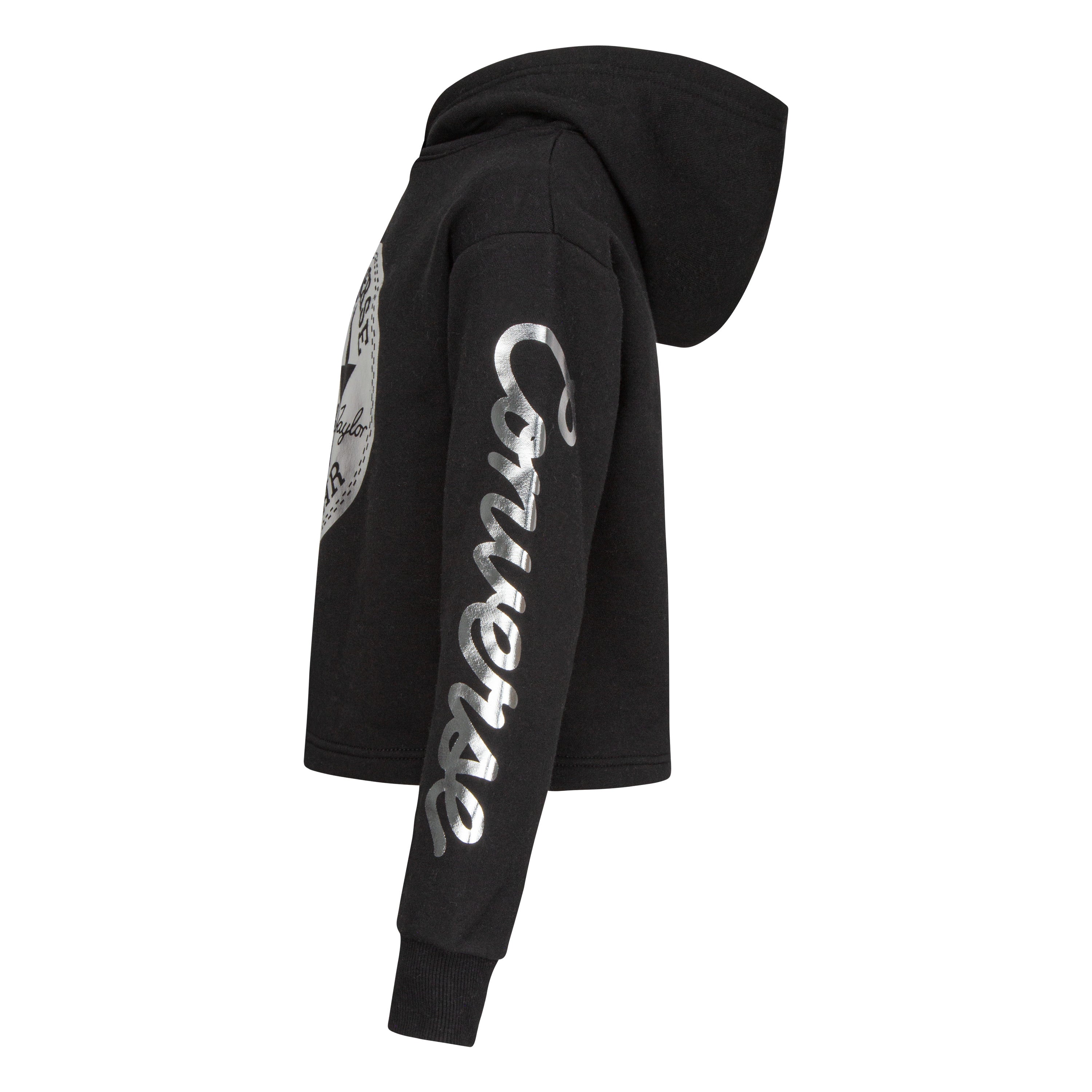 CONVERSE GIRLS' CROPPED FOIL BLACK PULLOVER HOODIE (SIZES 4-6X)