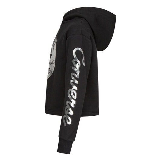 CONVERSE GIRLS' CROPPED FOIL BLACK PULLOVER HOODIE (SIZES 4-6X)