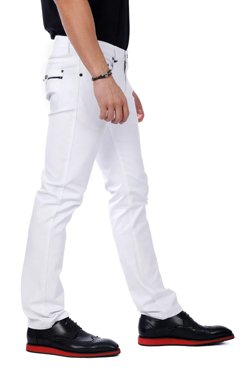 BARABAS MEN'S WHITTLE STYLE SLIM FIT SOLID COLOR PREMIUM WHITE PANTS
