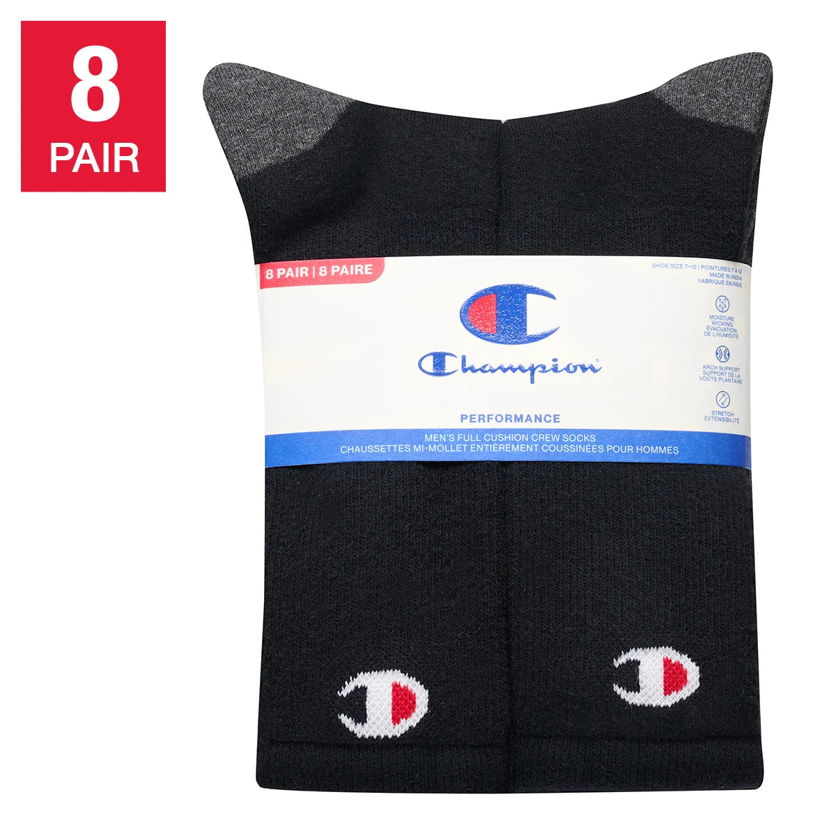 CHAMPION MEN'S 8 PAIR BLACK LONG CREW SOCKS