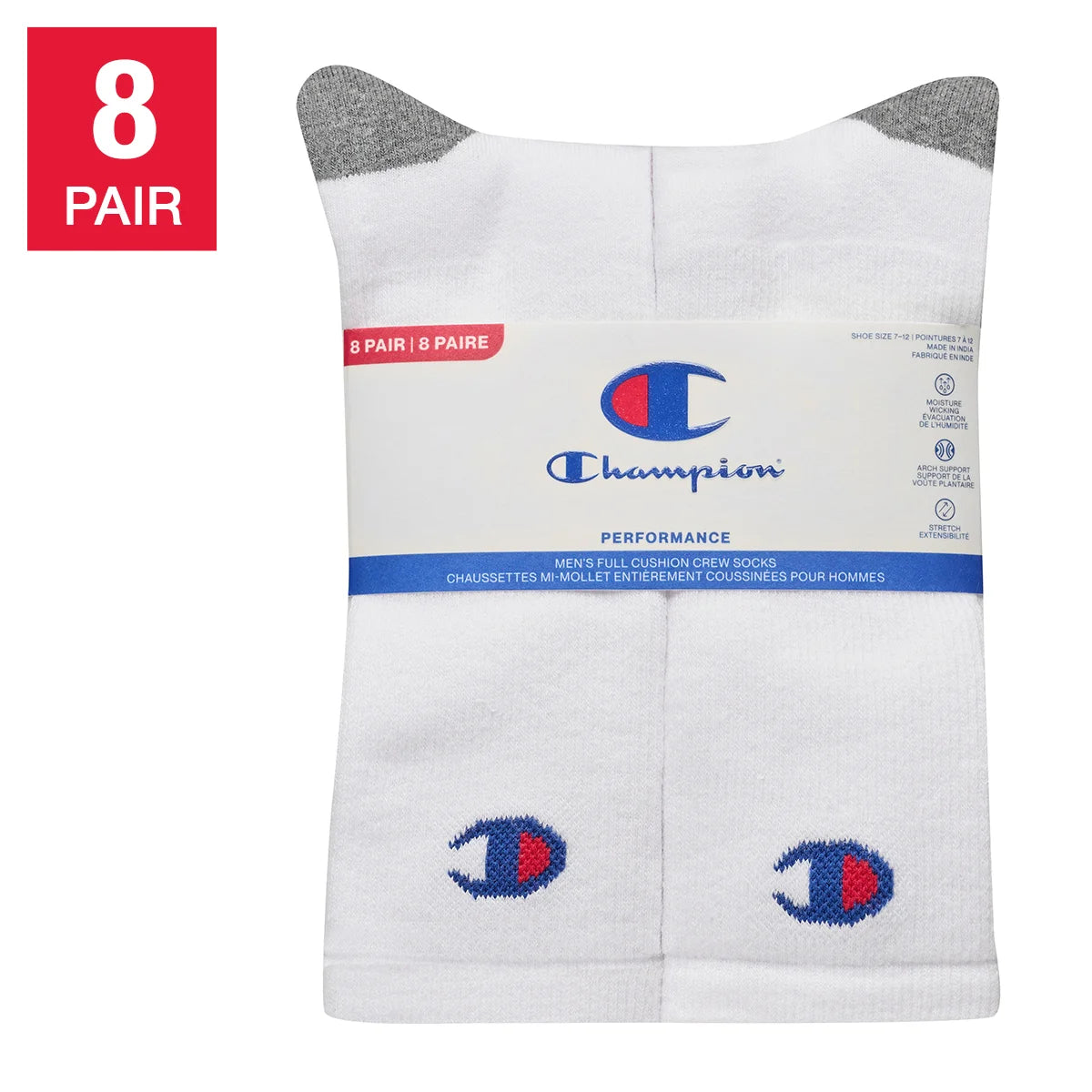 CHAMPION MEN'S 8 PAIR WHITE LONG CREW SOCKS