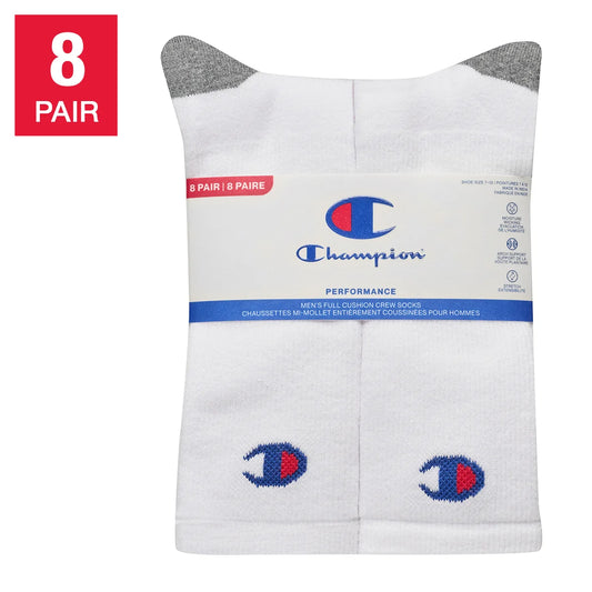 CHAMPION MEN'S 8 PAIR WHITE LONG CREW SOCKS