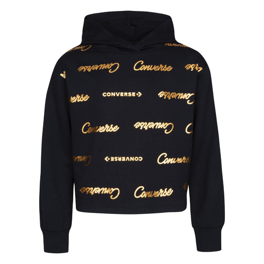 CONVERSE YOUTH GIRLS' SHINY WOODMARK BLACK GRAPHIC LIGHT HOODIE (SIZES YOUTH S-XL)