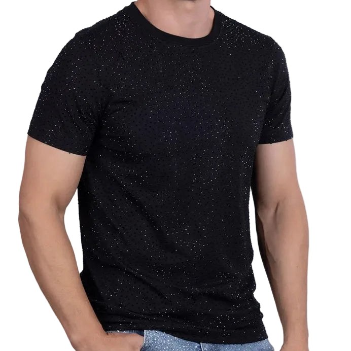 BARABAS MEN'S DOLOROSA RHINESTONE CREW NECK BLACK T-SHIRT