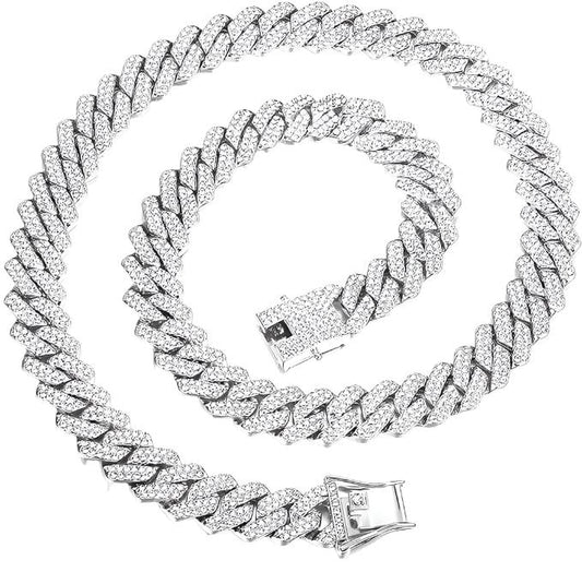 12MM ICED OUT SILVER CUBAN CHAINS (18 INCH)