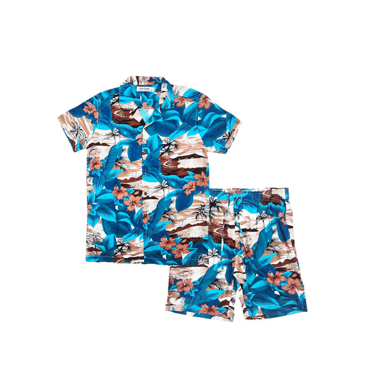 MEN'S COLOR CRAZE 2-PIECE BUTTON UP SHORT SLEEVES SHIRT & SHORTS SET (BLUE/BROWN)
