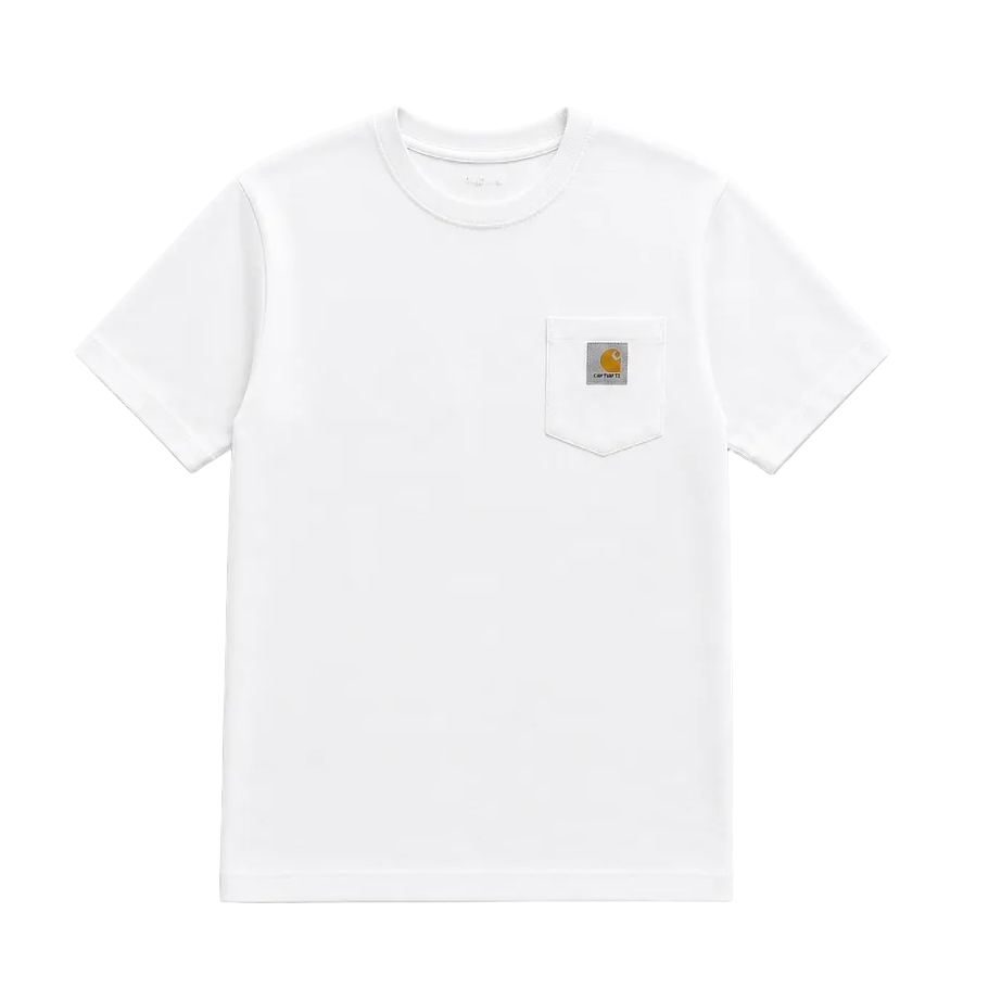 A white short-sleeve crewneck pocket t-shirt with a small Carhartt logo patch on the chest pocket, displayed flat against a light gray background.