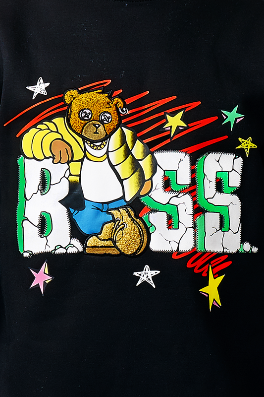 BLEECKER & MERCER MEN'S BOSS PRINT GRAPHIC FLEECE HOODIE (BLACK)