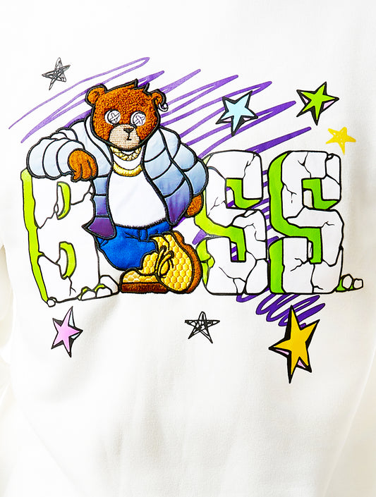 BLEECKER & MERCER MEN'S BOSS PRINT GRAPHIC FLEECE HOODIE (IVORY)