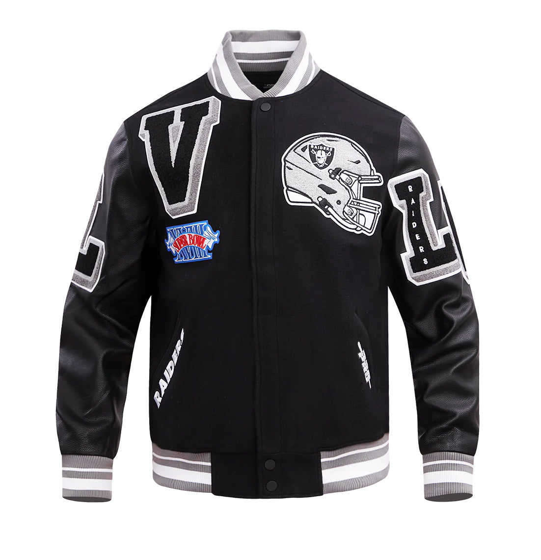 PRO STANDARD MEN'S NFL LAS VEGAS RAIDERS MASHUP RIB WOOL BLACK/GREY VARSITY JACKET