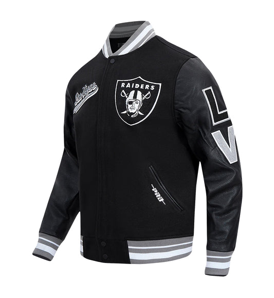 PRO STANDARD MEN'S NFL LAS VEGAS RAIDERS SCRIPT TAIL RIB WOOL BLACK/GREY VARSITY JACKET