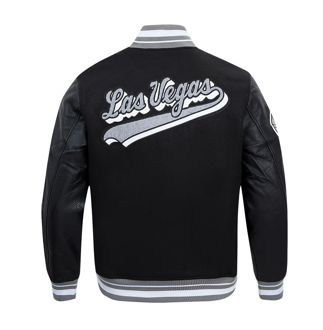 PRO STANDARD MEN'S NFL LAS VEGAS RAIDERS SCRIPT TAIL RIB WOOL BLACK/GREY VARSITY JACKET