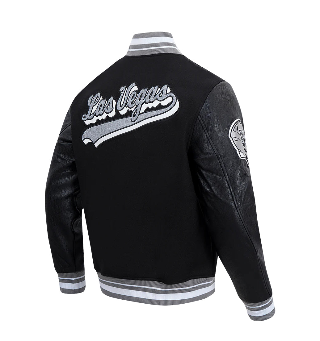PRO STANDARD MEN'S NFL LAS VEGAS RAIDERS SCRIPT TAIL RIB WOOL BLACK/GREY VARSITY JACKET