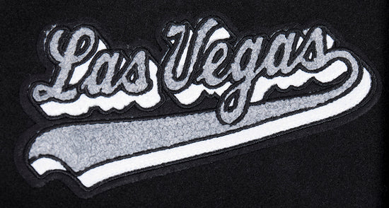 PRO STANDARD MEN'S NFL LAS VEGAS RAIDERS SCRIPT TAIL RIB WOOL BLACK/GREY VARSITY JACKET