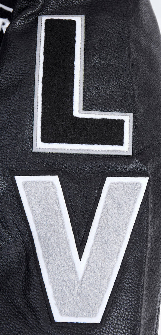 PRO STANDARD MEN'S NFL LAS VEGAS RAIDERS SCRIPT TAIL RIB WOOL BLACK/GREY VARSITY JACKET