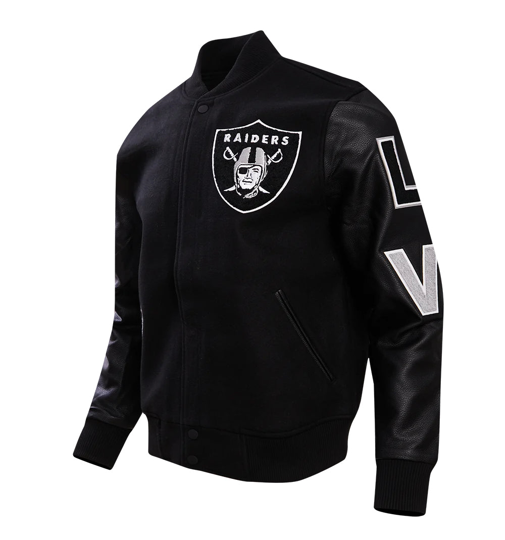 PRO STANDARD MEN'S NFL LAS VEGAS RAIDERS SCRIPT TAIL RIB WOOL BLACK/GREY VARSITY JACKET