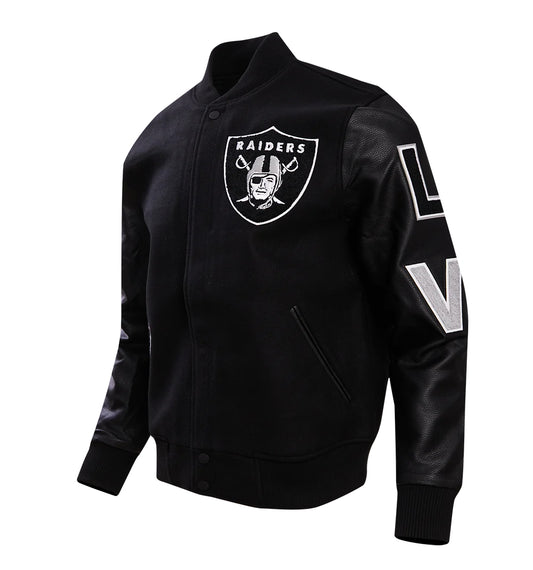 PRO STANDARD MEN'S NFL LAS VEGAS RAIDERS SCRIPT TAIL RIB WOOL BLACK/GREY VARSITY JACKET