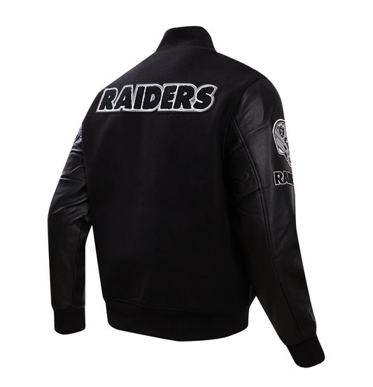 PRO STANDARD MEN'S NFL LAS VEGAS RAIDERS SCRIPT TAIL RIB WOOL BLACK/GREY VARSITY JACKET