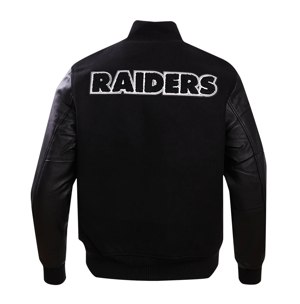 PRO STANDARD MEN'S NFL LAS VEGAS RAIDERS SCRIPT TAIL RIB WOOL BLACK/GREY VARSITY JACKET