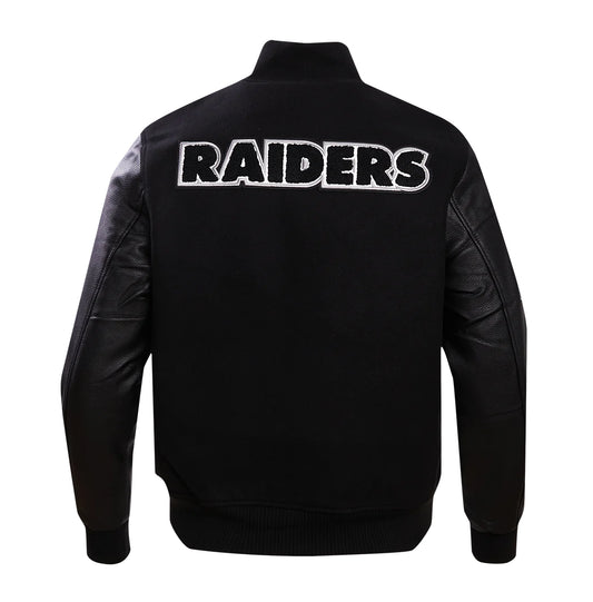 PRO STANDARD MEN'S NFL LAS VEGAS RAIDERS SCRIPT TAIL RIB WOOL BLACK/GREY VARSITY JACKET
