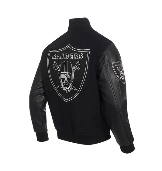 PRO STANDARD MEN'S NFL LAS VEGAS RAIDERS SCRIPT TAIL RIB WOOL BLACK VARSITY JACKET