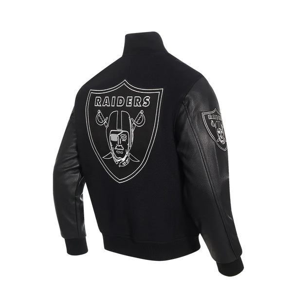 PRO STANDARD MEN'S NFL LAS VEGAS RAIDERS SCRIPT TAIL RIB WOOL BLACK VARSITY JACKET