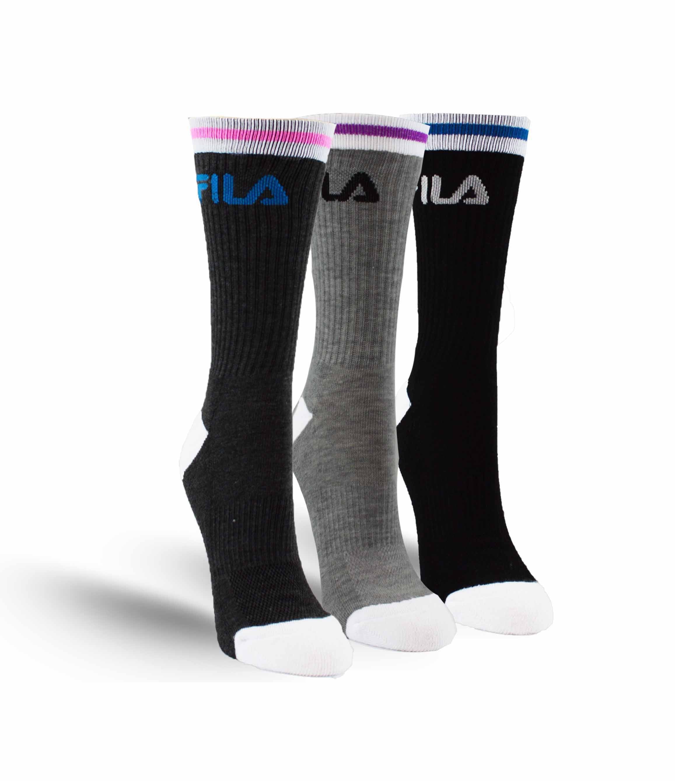 FILA WOMEN'S 3 PAIR LONG CREW SOCKS (BLACK/GREY/CHARCOAL)
