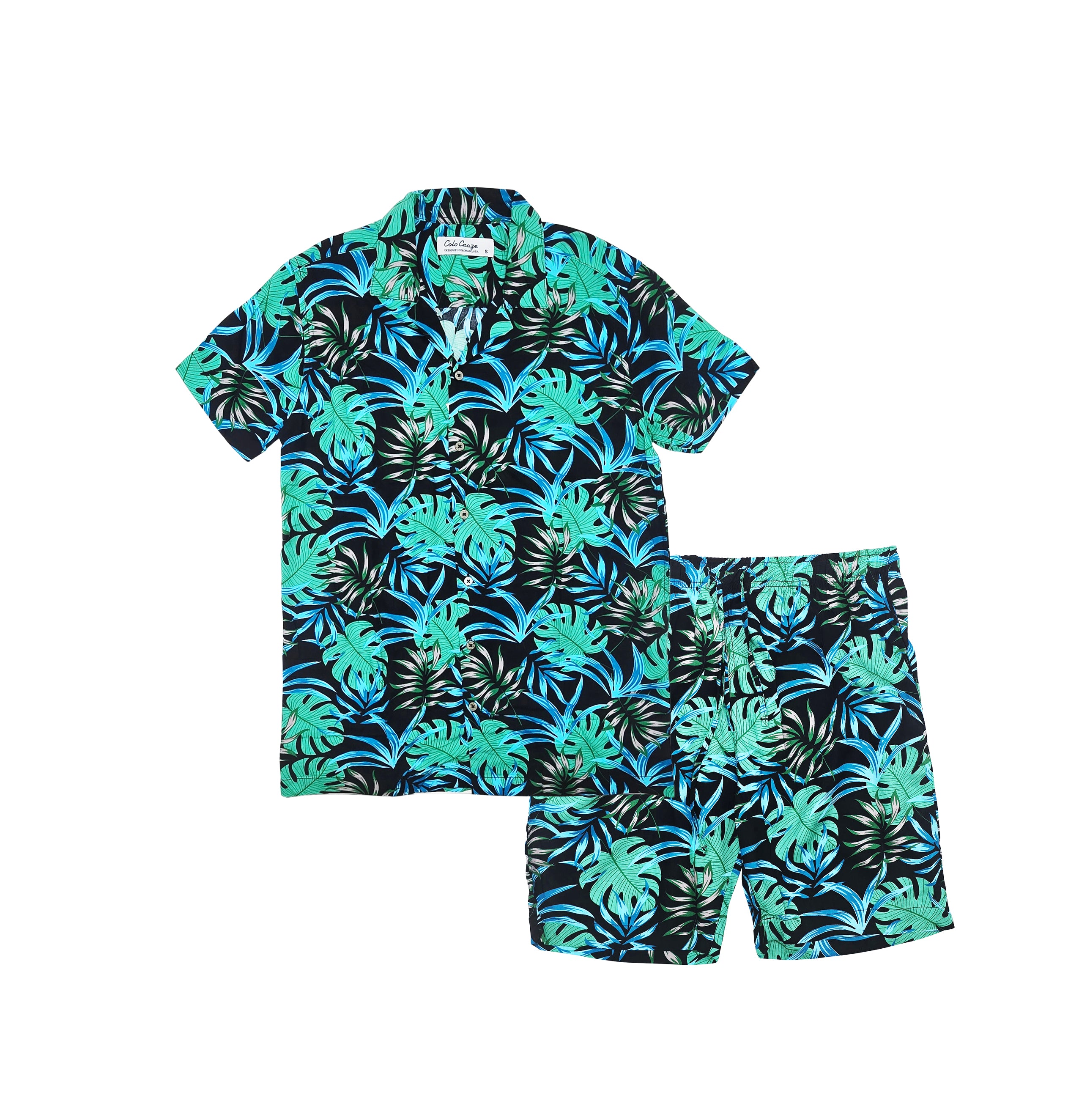MEN'S COLOR CRAZE 2-PIECE BUTTON UP SHORT SLEEVES SHIRT & SHORTS SET (GREEN/BLUE)