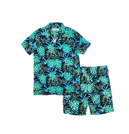 MEN'S COLOR CRAZE 2-PIECE BUTTON UP SHORT SLEEVES SHIRT & SHORTS SET (GREEN/BLUE)