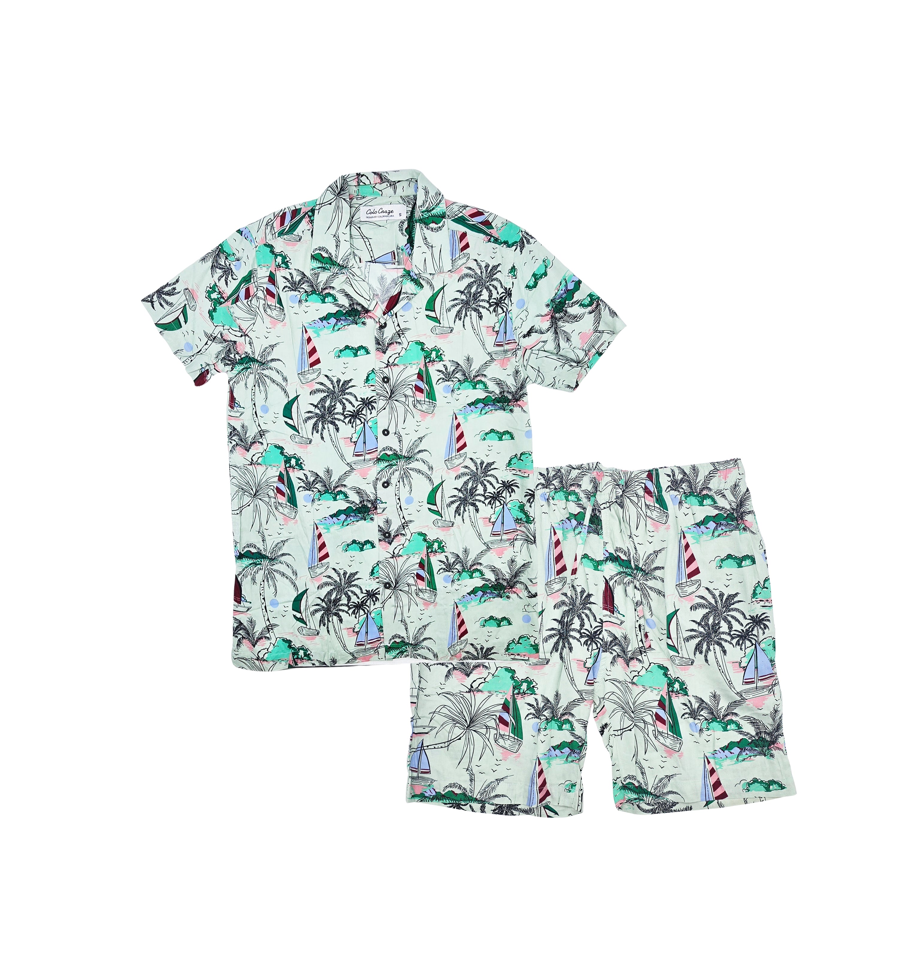 MEN'S COLOR CRAZE 2-PIECE BUTTON UP SHORT SLEEVES SHIRT & SHORTS SET (GREEN)
